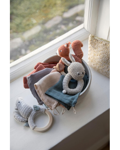 Crochet rattle on ring, Moon the wolf